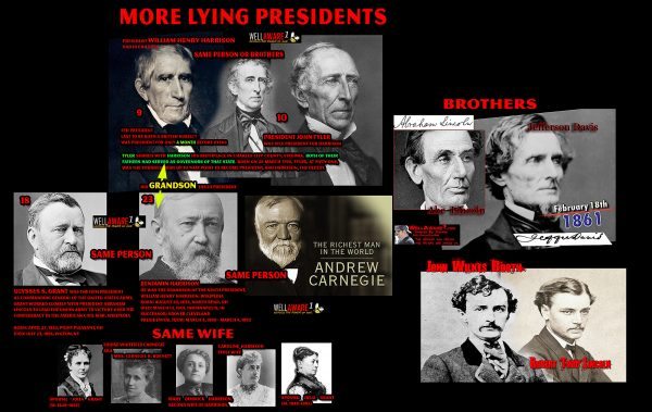 William Henry Harrison, Pres. John Tyler, Benjamin Harrison, Gen. Grant, Andrew Carnegie, Caroline Harrison, Louise Whitefield, Carnegie, John Wilkes Booth, Abraham Lincoln, Andrew Davis,